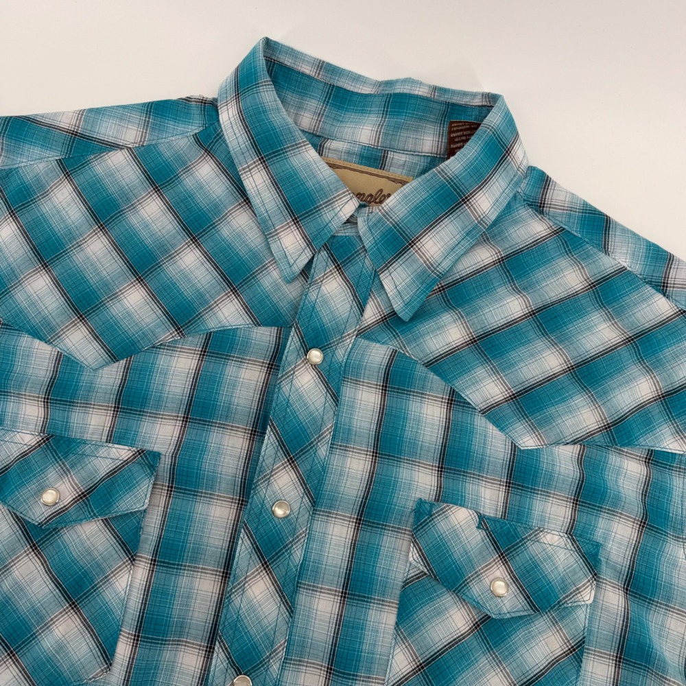 Wrangler Western Shirt Mens XL Turquoise Plaid Pearl Snap Short Sleeve 112336757
